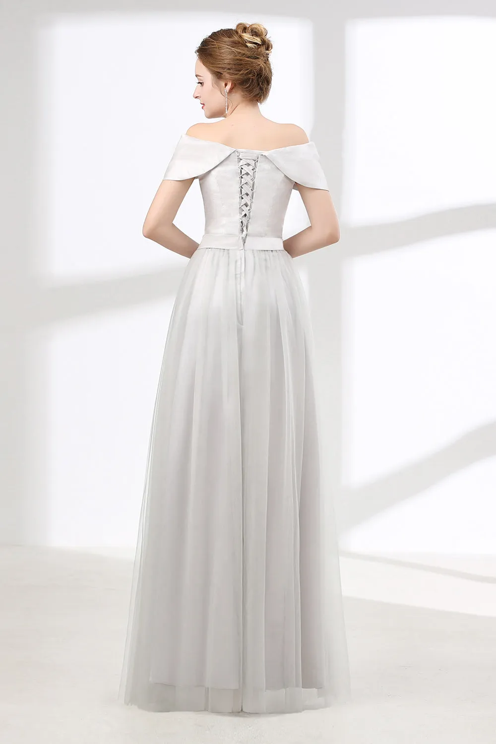 Off Shoulder Gray Formal Floor Length Prom Dresses