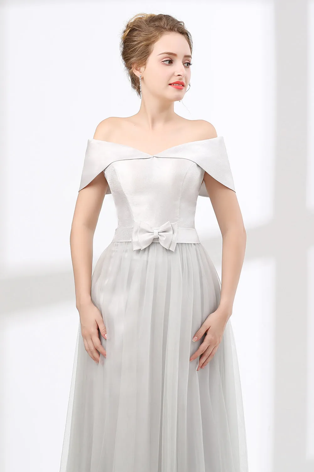 Off Shoulder Gray Formal Floor Length Prom Dresses