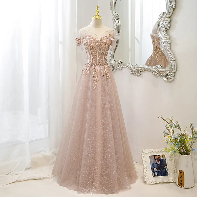 Off  Shoulder Pink Tulle Prom Dress Sequins Long Evening Formal Party Dress 189