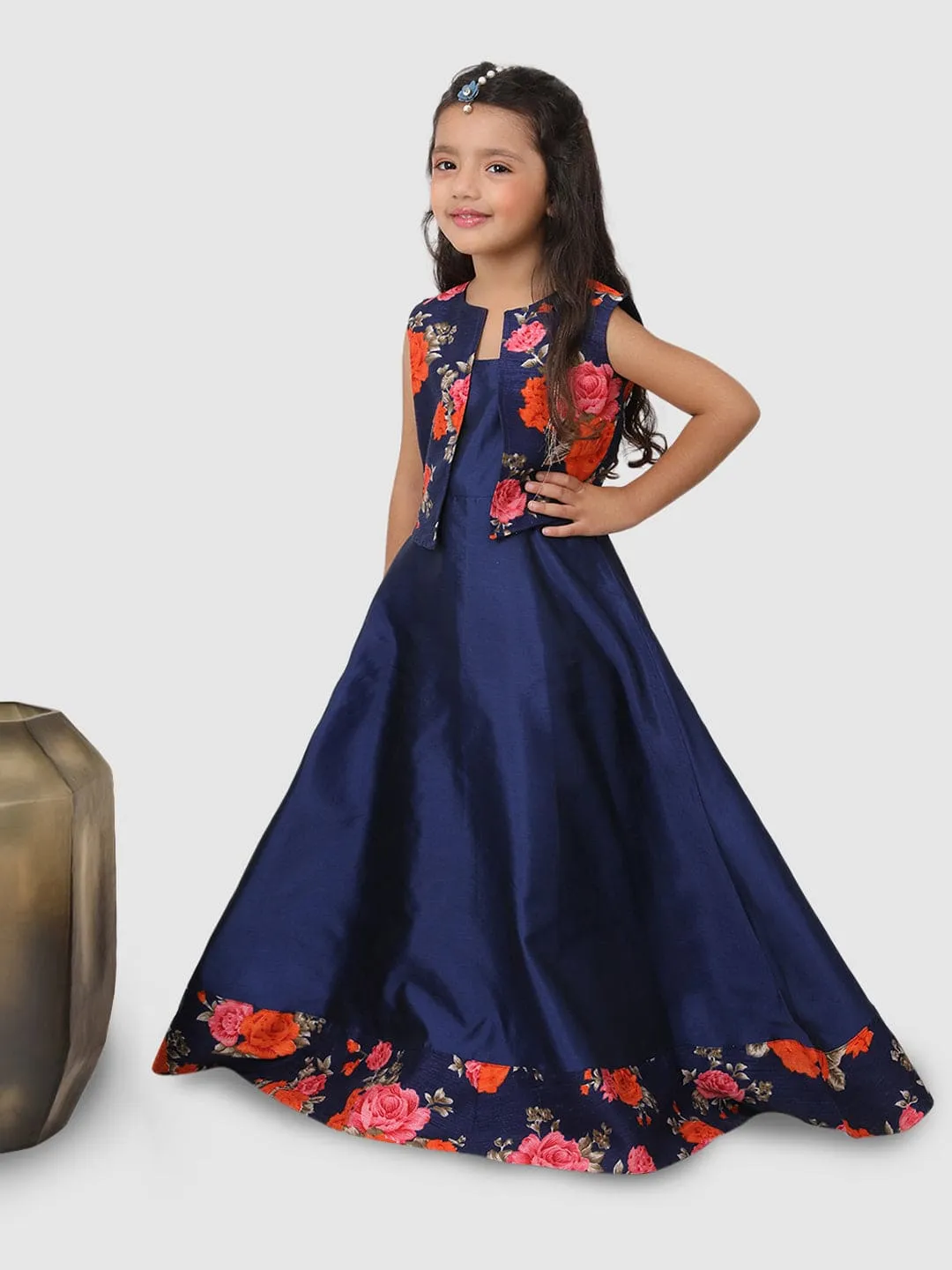 Partywear Gown With Florl print jacket Navy Blue