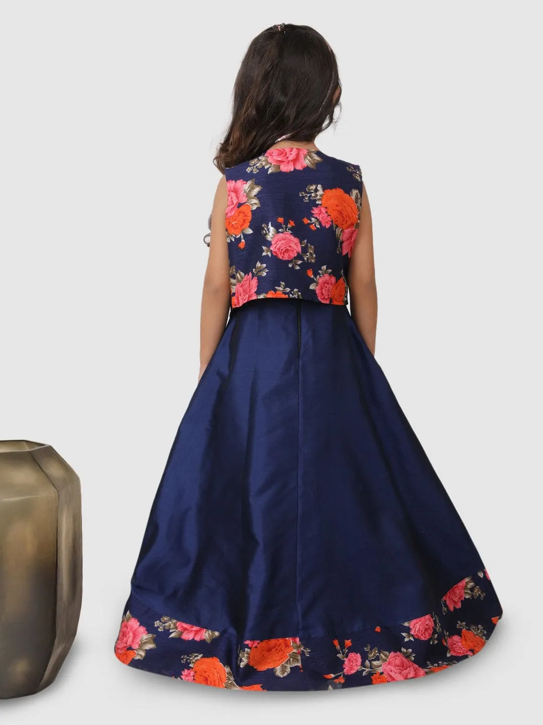 Partywear Gown With Florl print jacket Navy Blue