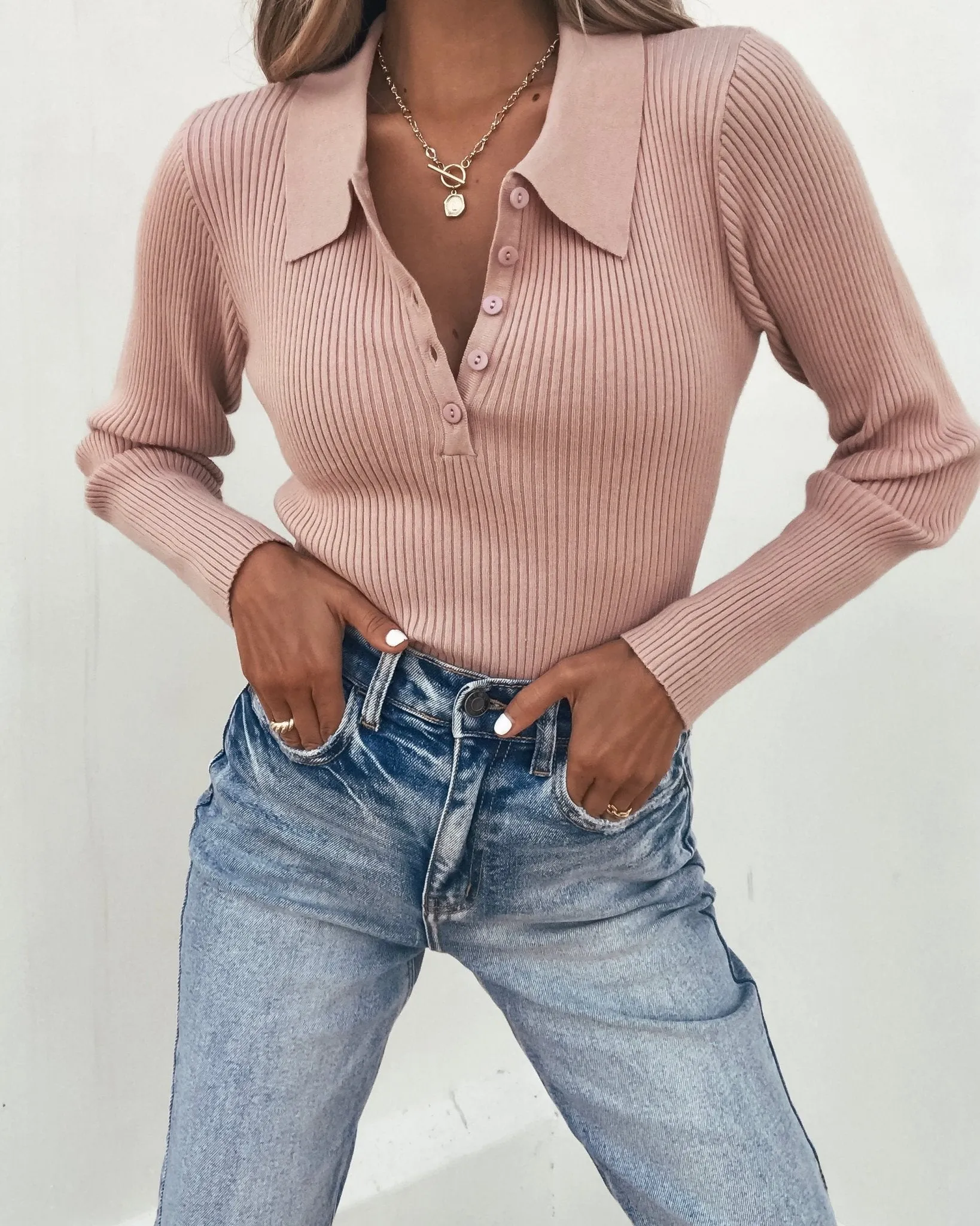 Pink Ribbed Button Up Top