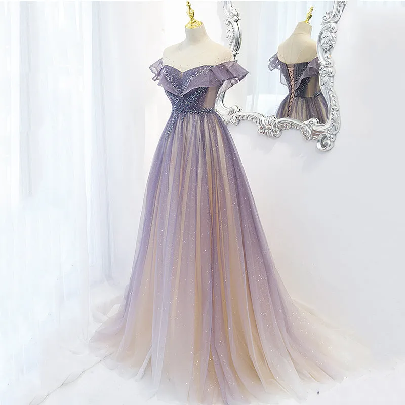 Purple Shiny A Line Tulle Prom Dress Off Shoulder Long Evening Gown 588