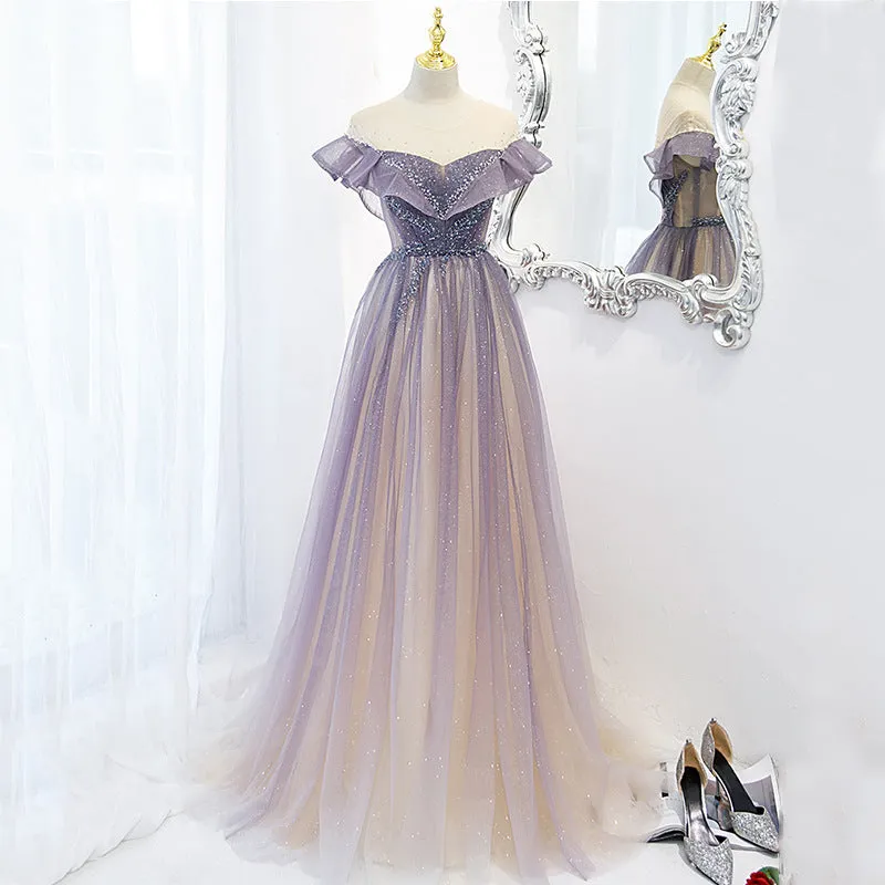 Purple Shiny A Line Tulle Prom Dress Off Shoulder Long Evening Gown 588