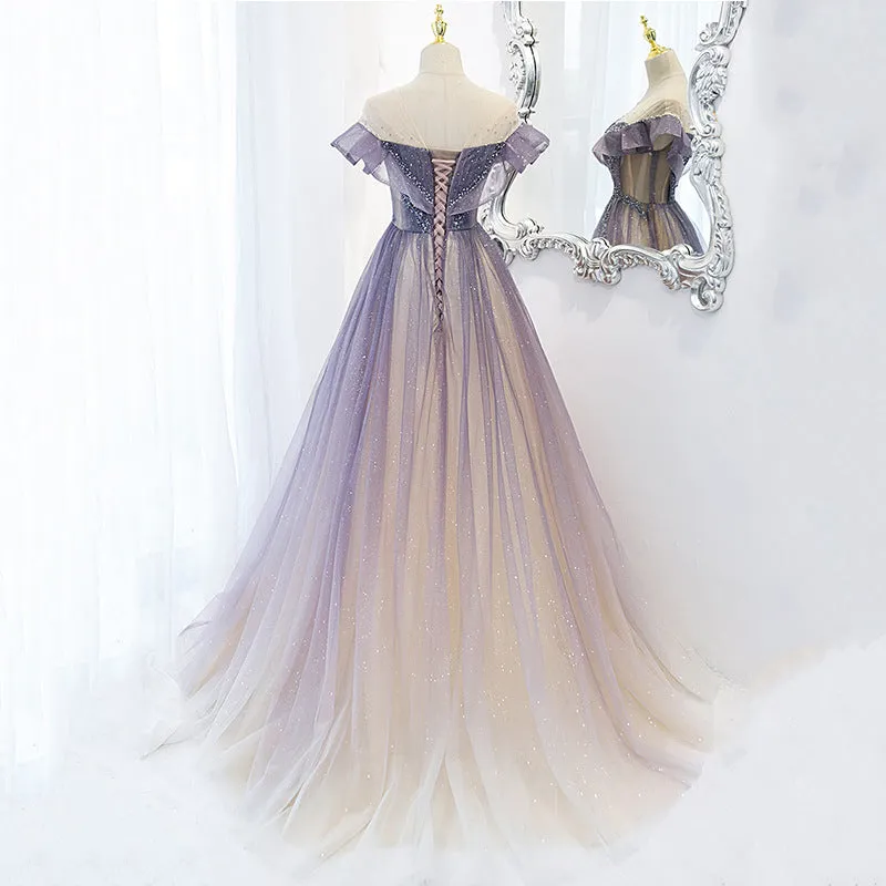 Purple Shiny A Line Tulle Prom Dress Off Shoulder Long Evening Gown 588