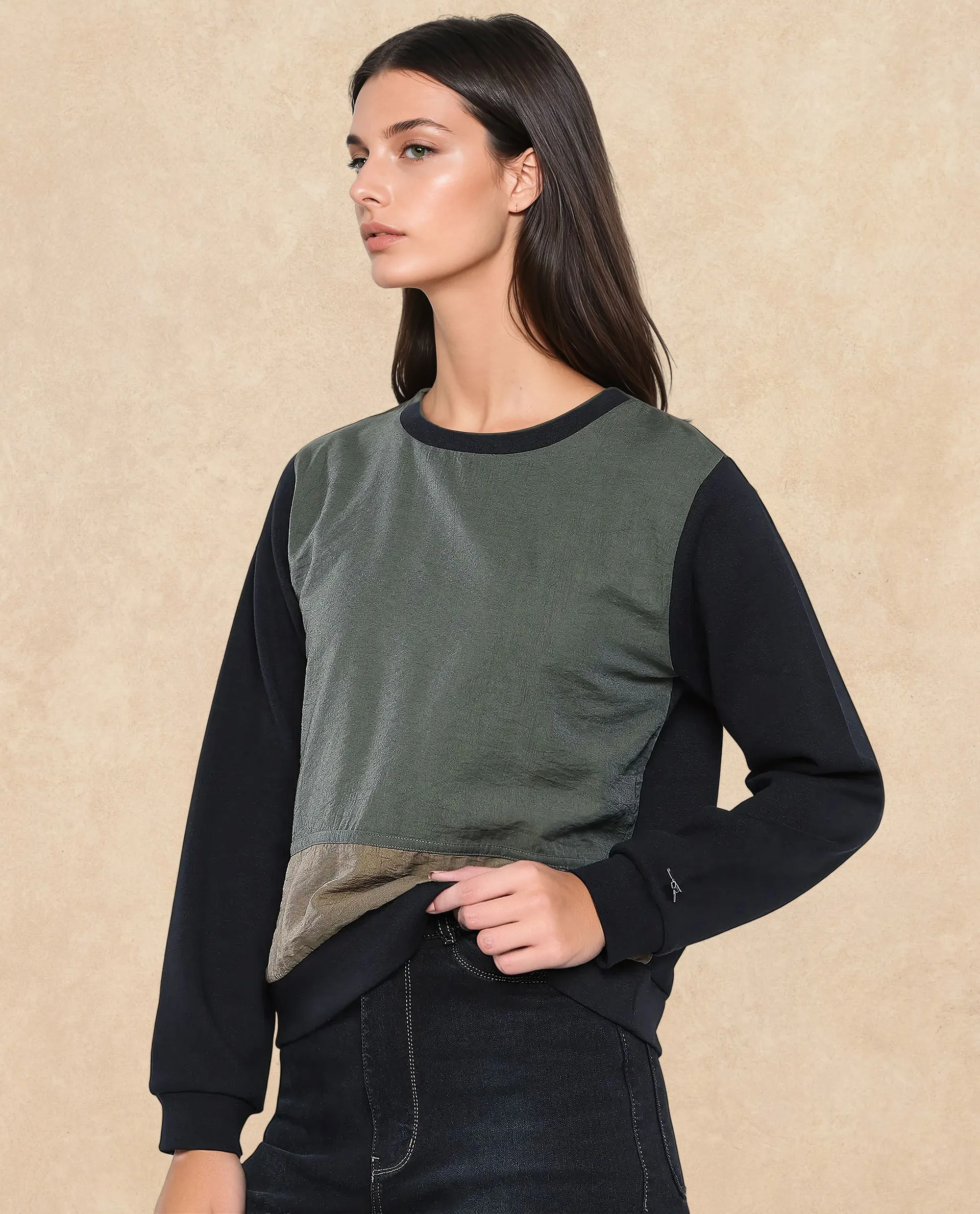 Rareism Women Melone Dark Olive Cotton Blend Fabric Full Sleeve Crew Neck Relaxed Fit Plain Sweatshirt