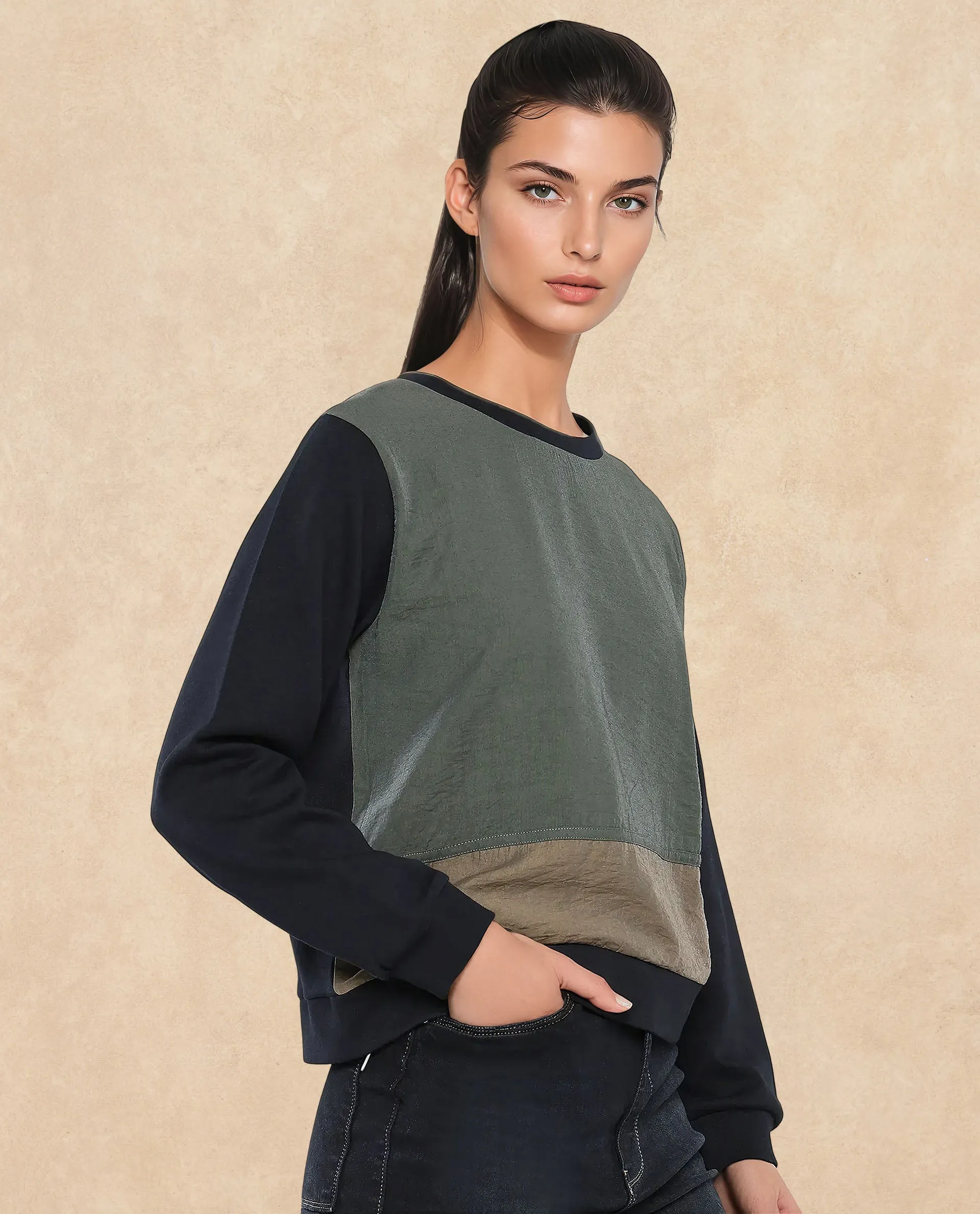 Rareism Women Melone Dark Olive Cotton Blend Fabric Full Sleeve Crew Neck Relaxed Fit Plain Sweatshirt