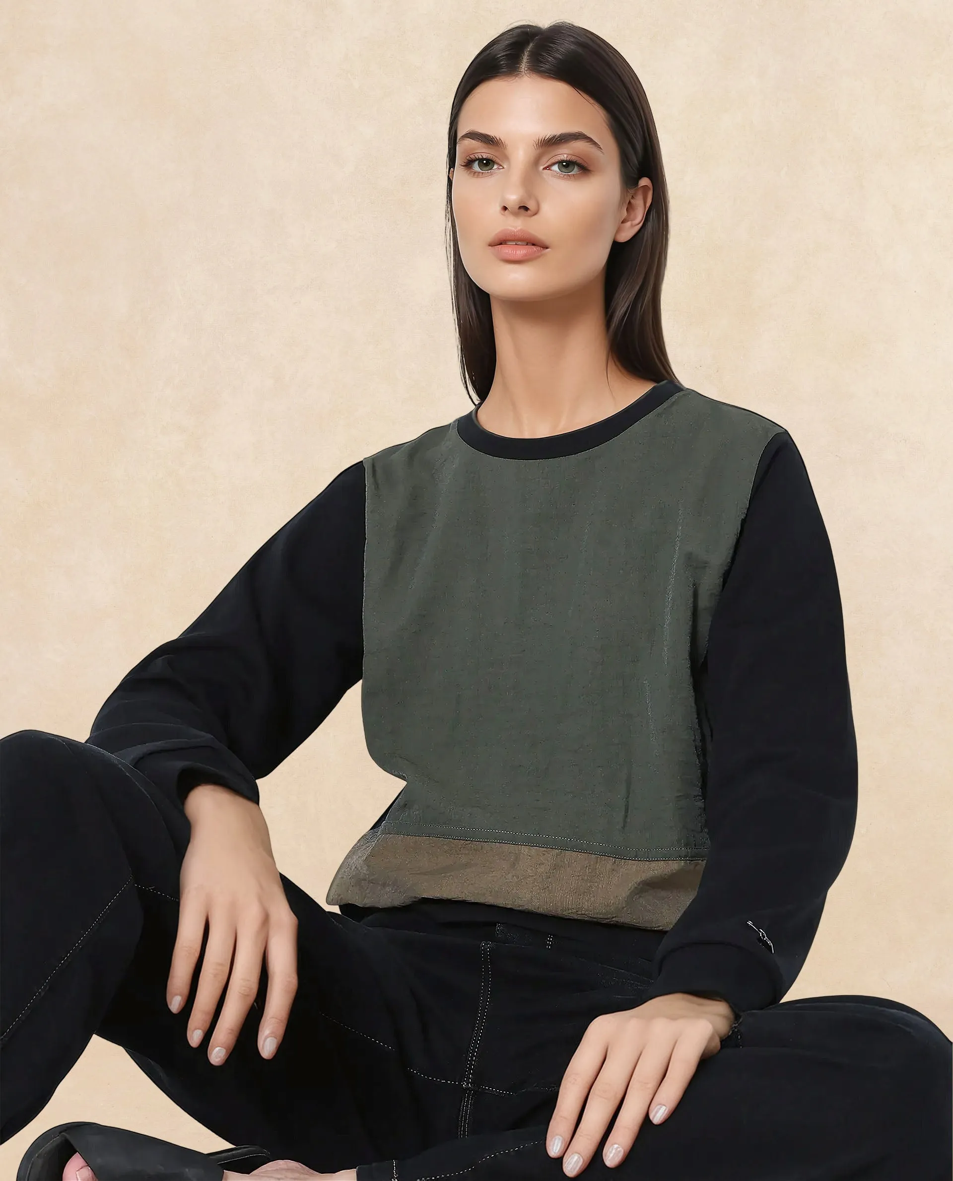 Rareism Women Melone Dark Olive Cotton Blend Fabric Full Sleeve Crew Neck Relaxed Fit Plain Sweatshirt