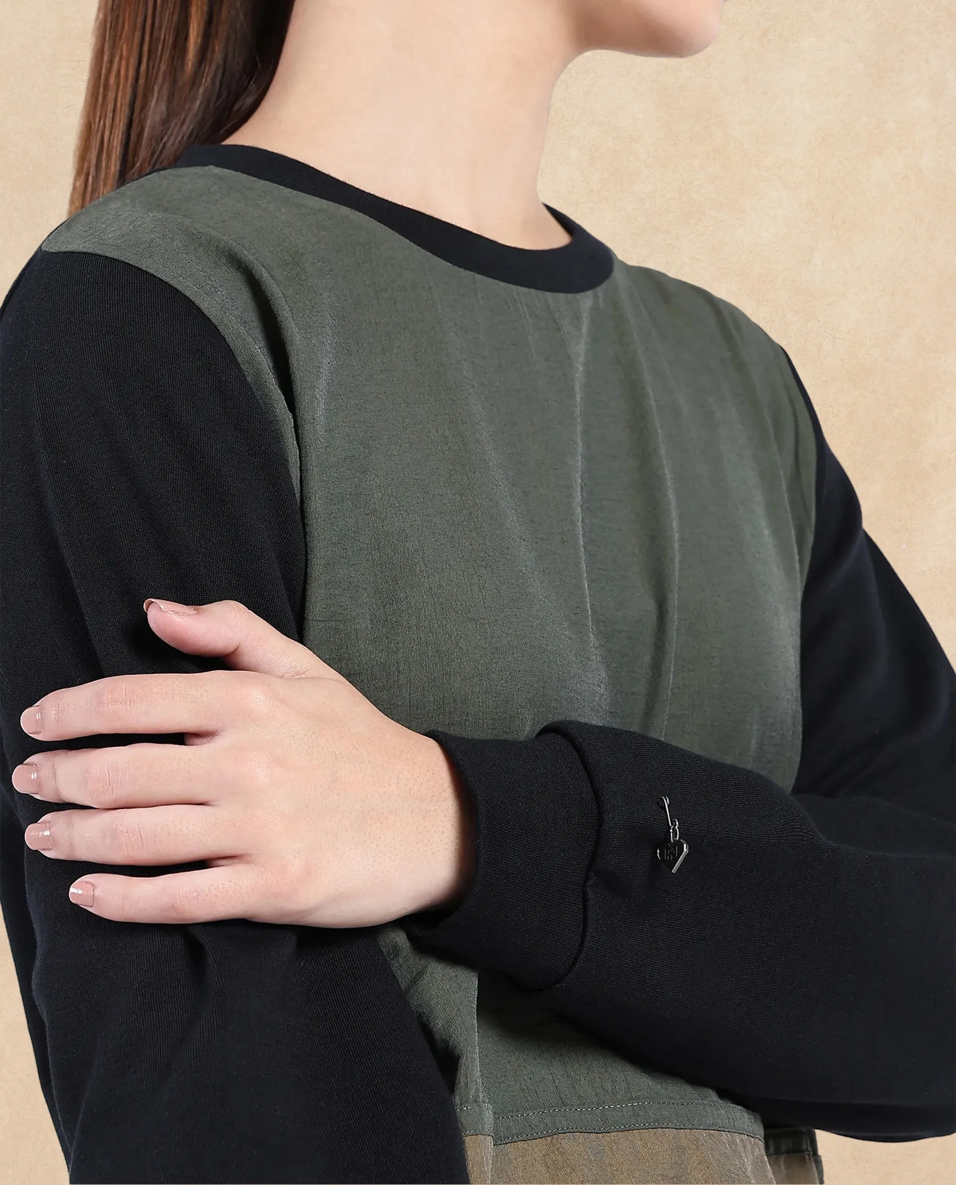 Rareism Women Melone Dark Olive Cotton Blend Fabric Full Sleeve Crew Neck Relaxed Fit Plain Sweatshirt