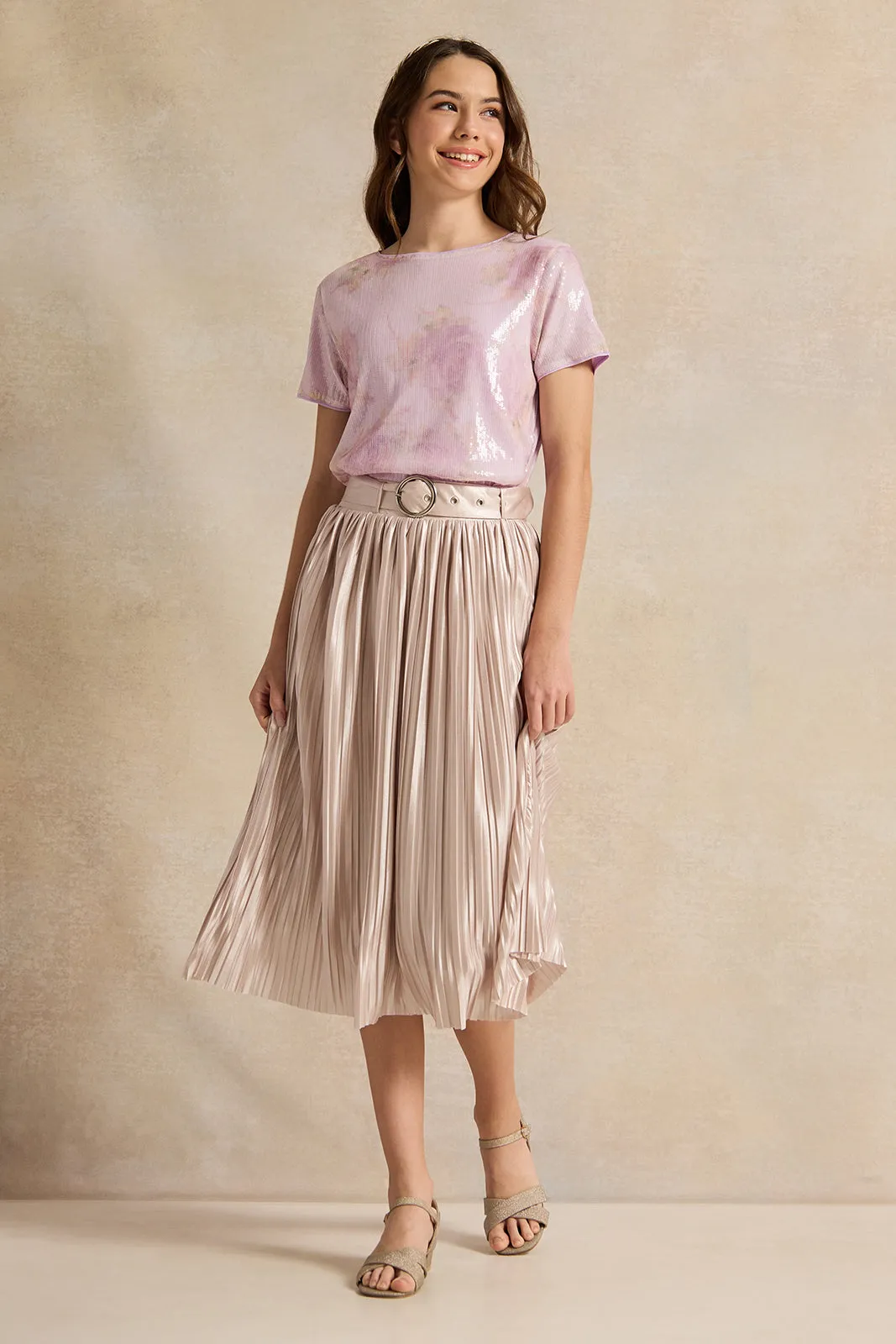 Senior Girls Pink Pleated Skirts With Belt