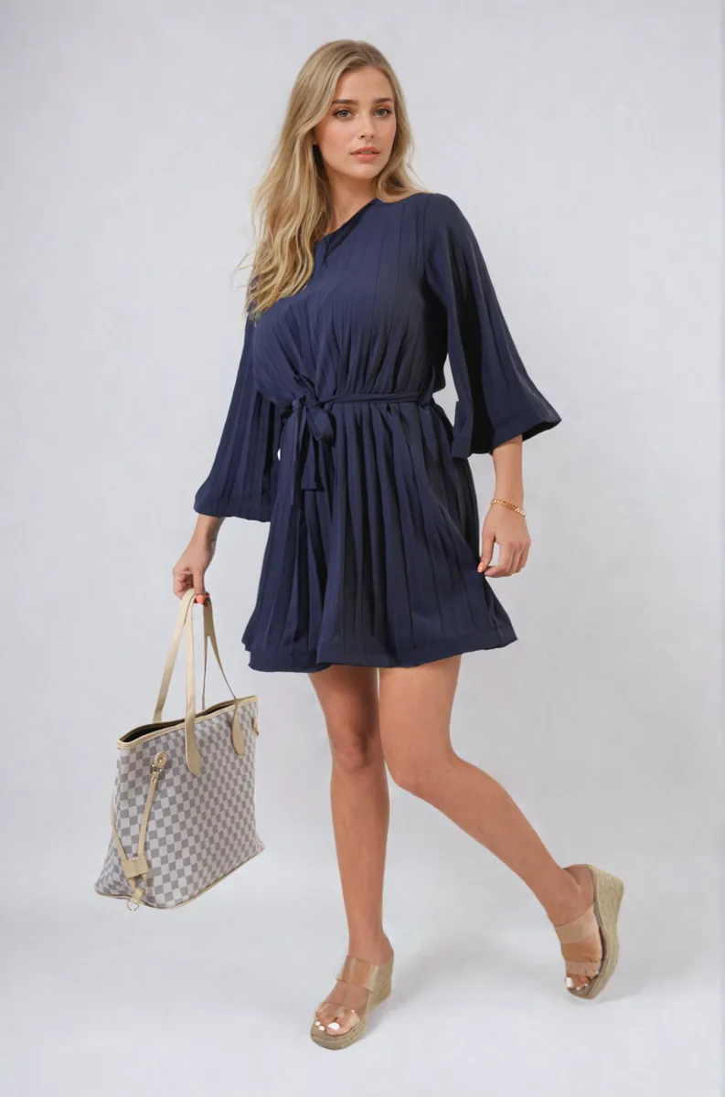 Short Sleeve Pleated Midi Dress