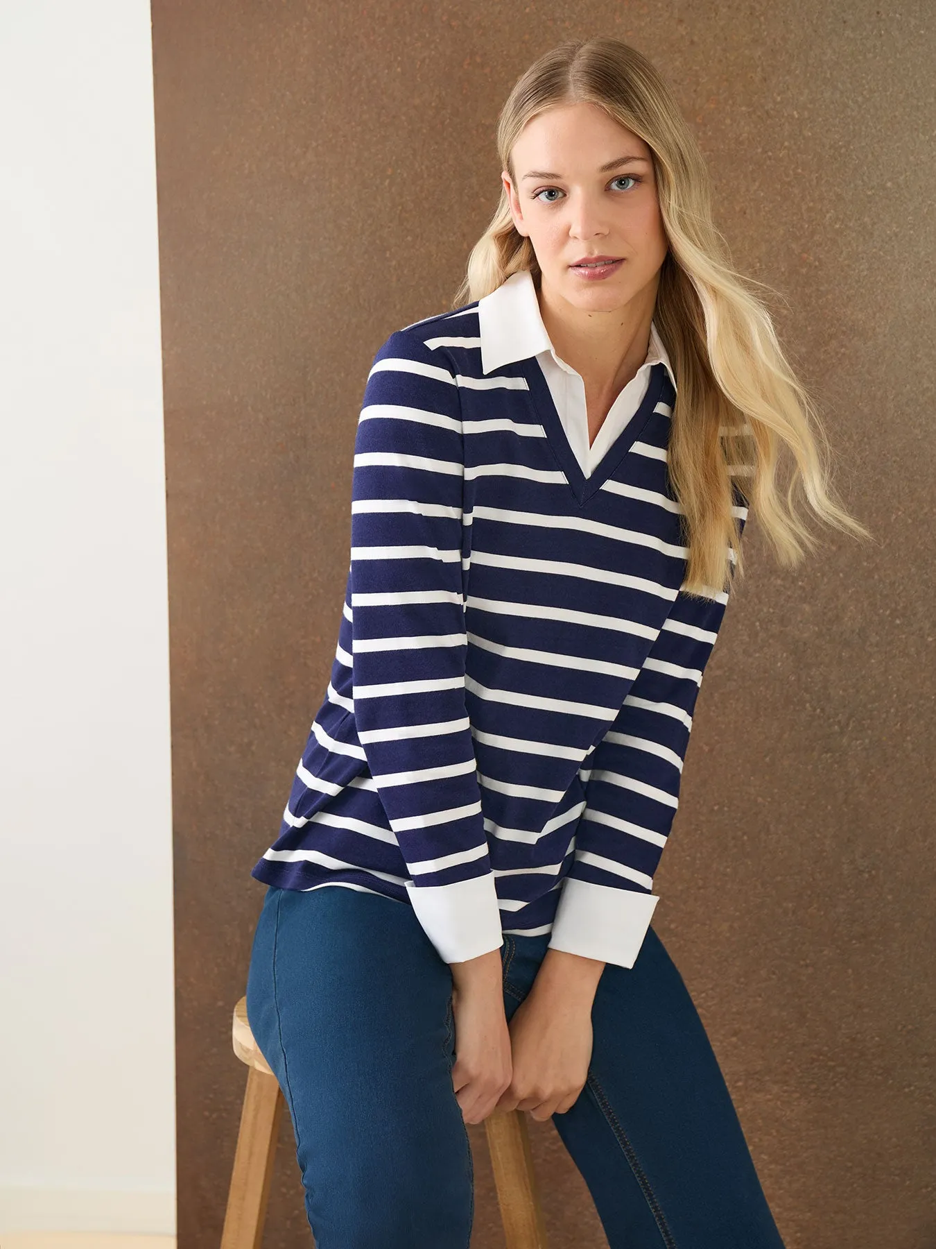 Striped Collared Twofer Layered-Look Top