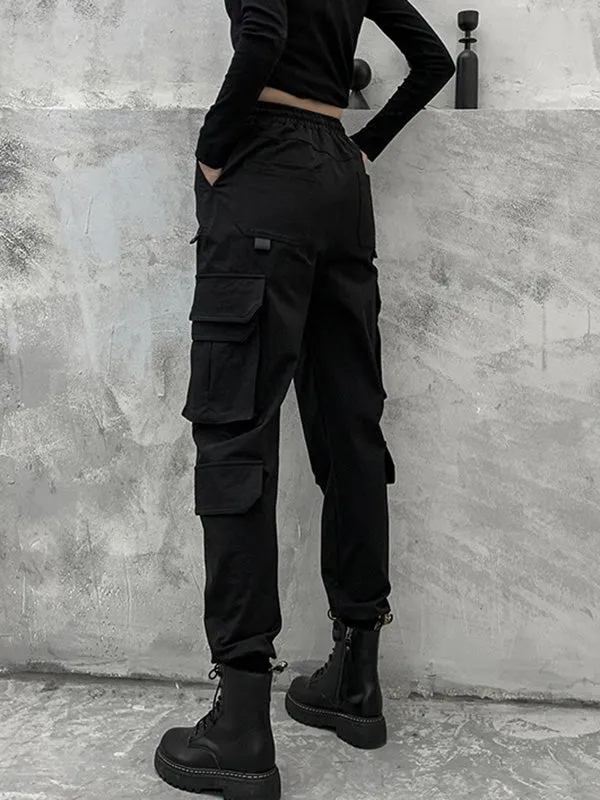 Stylish Drawstring Punk Empire Black Casual Overalls Pants