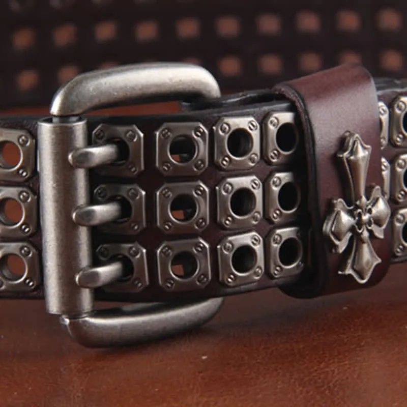 Stylish Three Row Cross Studded Rivet Leather Belt