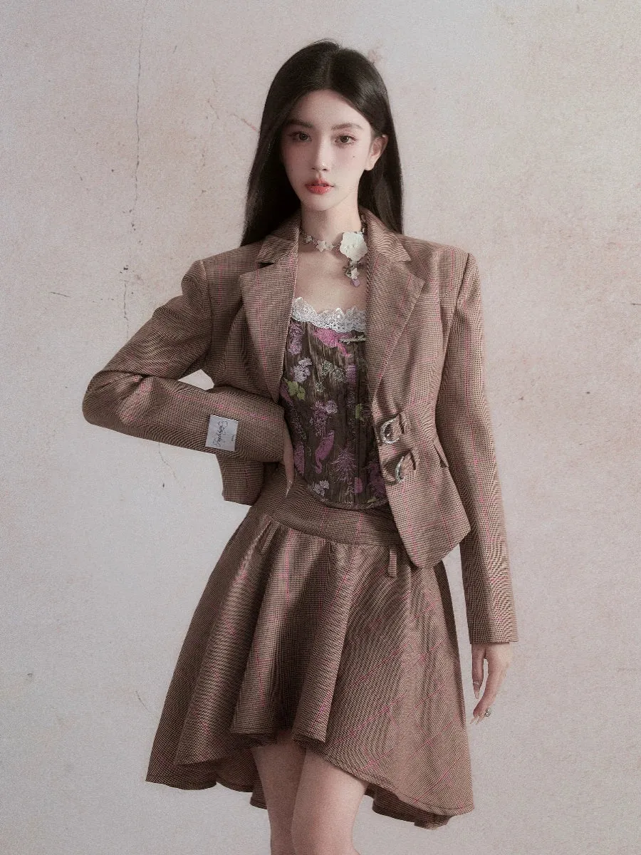 Taupe Professional Suit Set - Cropped Double Buckle Blazer with High-Low Flared Skirt