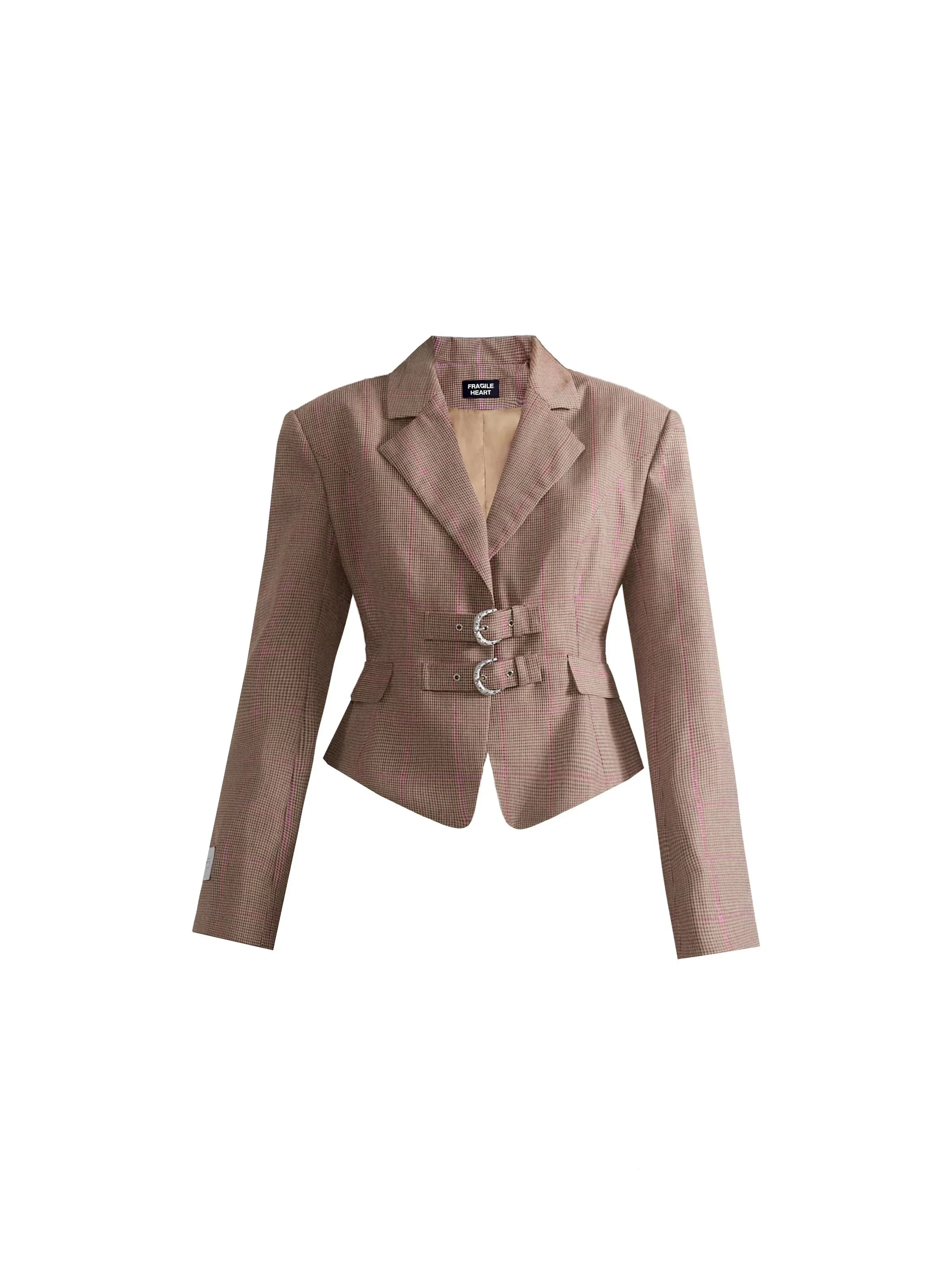 Taupe Professional Suit Set - Cropped Double Buckle Blazer with High-Low Flared Skirt