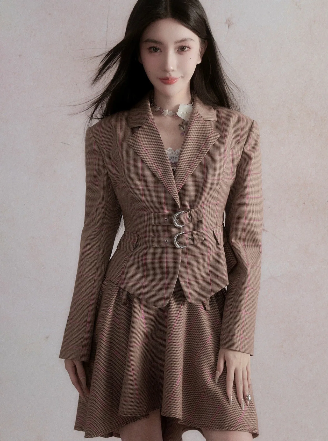 Taupe Professional Suit Set - Cropped Double Buckle Blazer with High-Low Flared Skirt