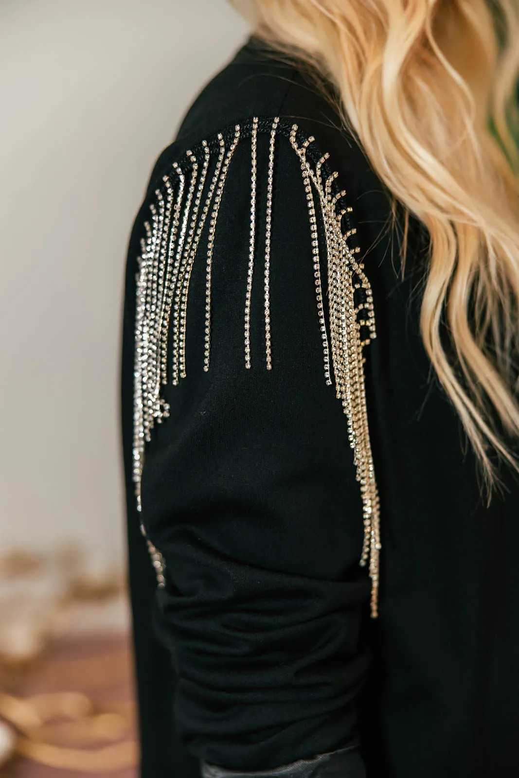 The Rhinestone Fringe Shoulder Black Blazer