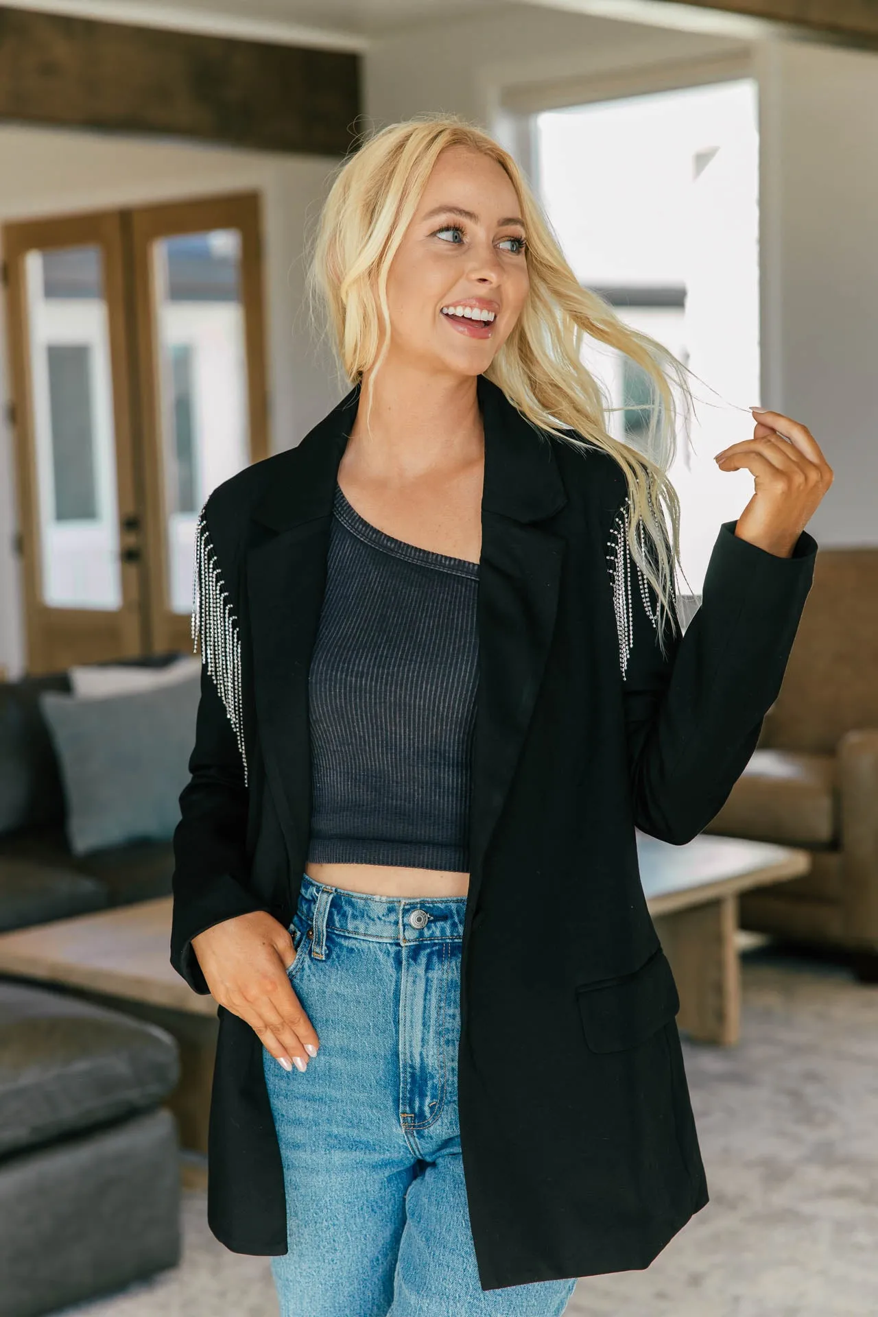 The Rhinestone Fringe Shoulder Black Blazer