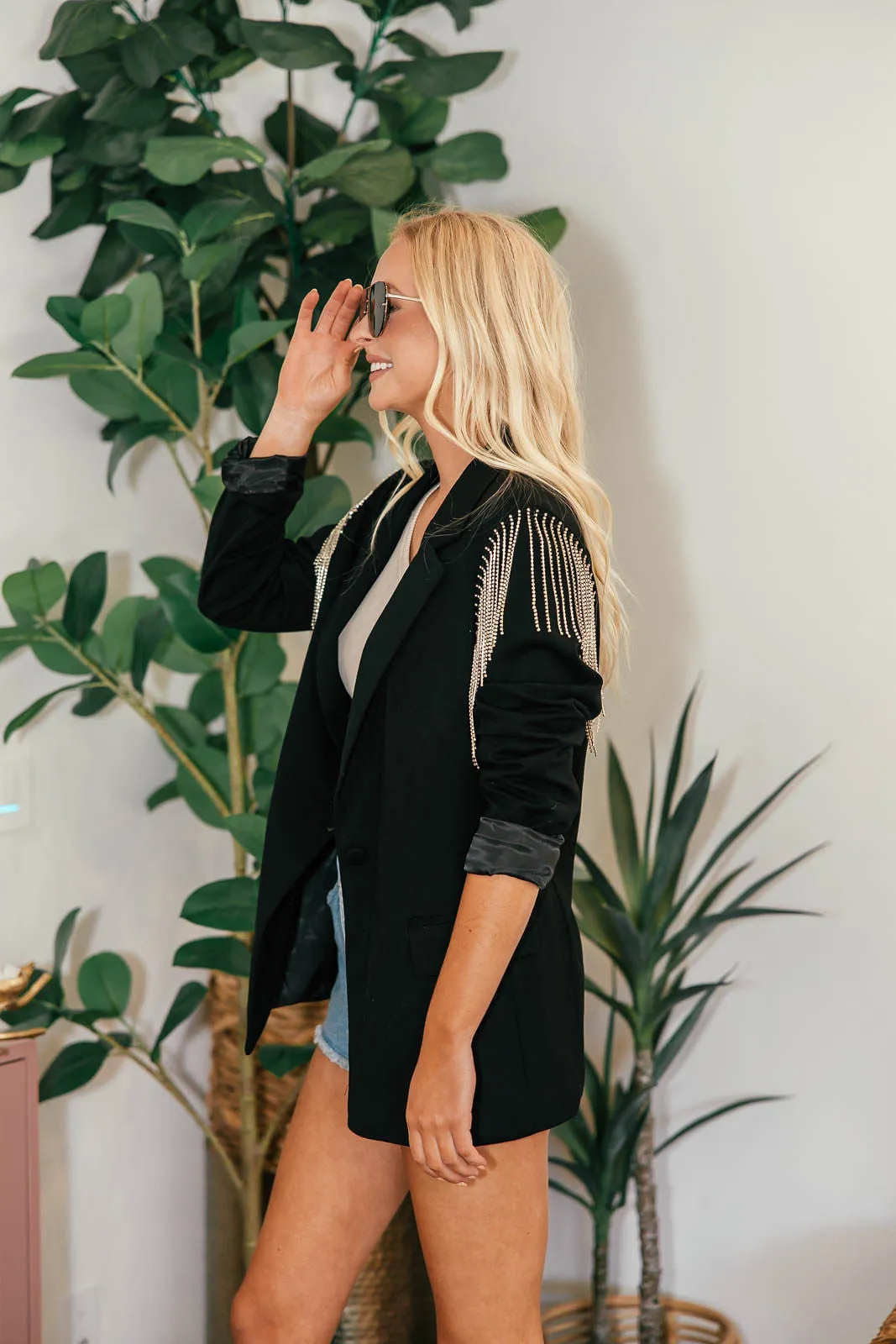 The Rhinestone Fringe Shoulder Black Blazer