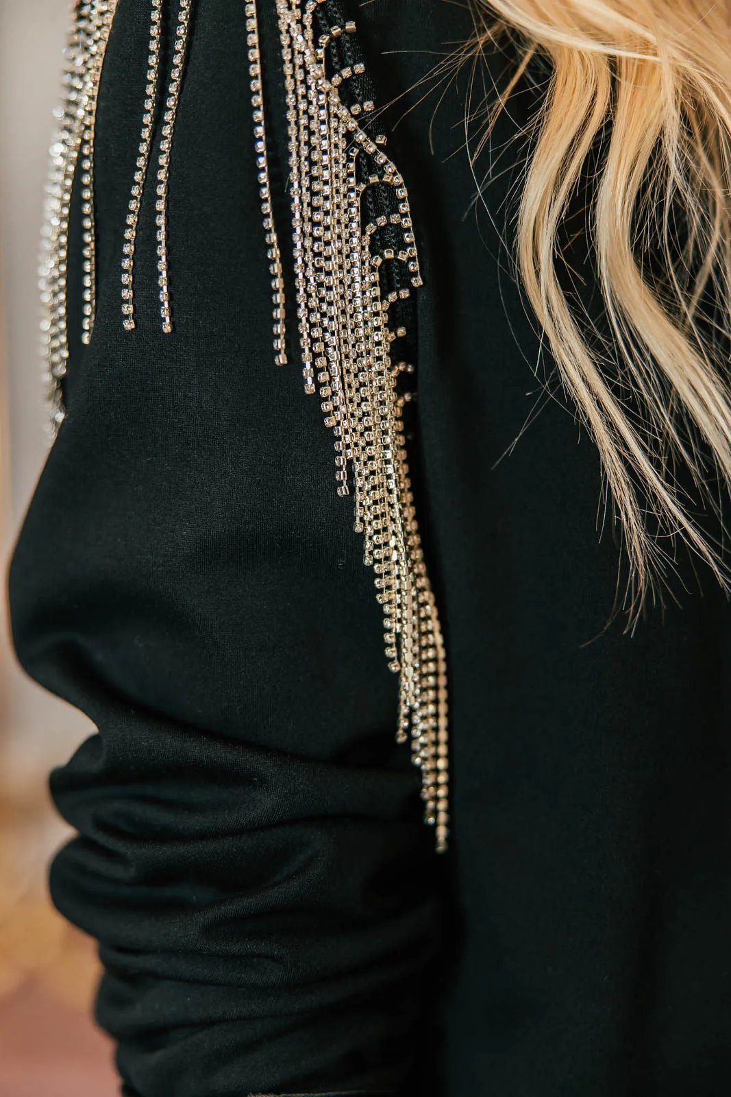 The Rhinestone Fringe Shoulder Black Blazer