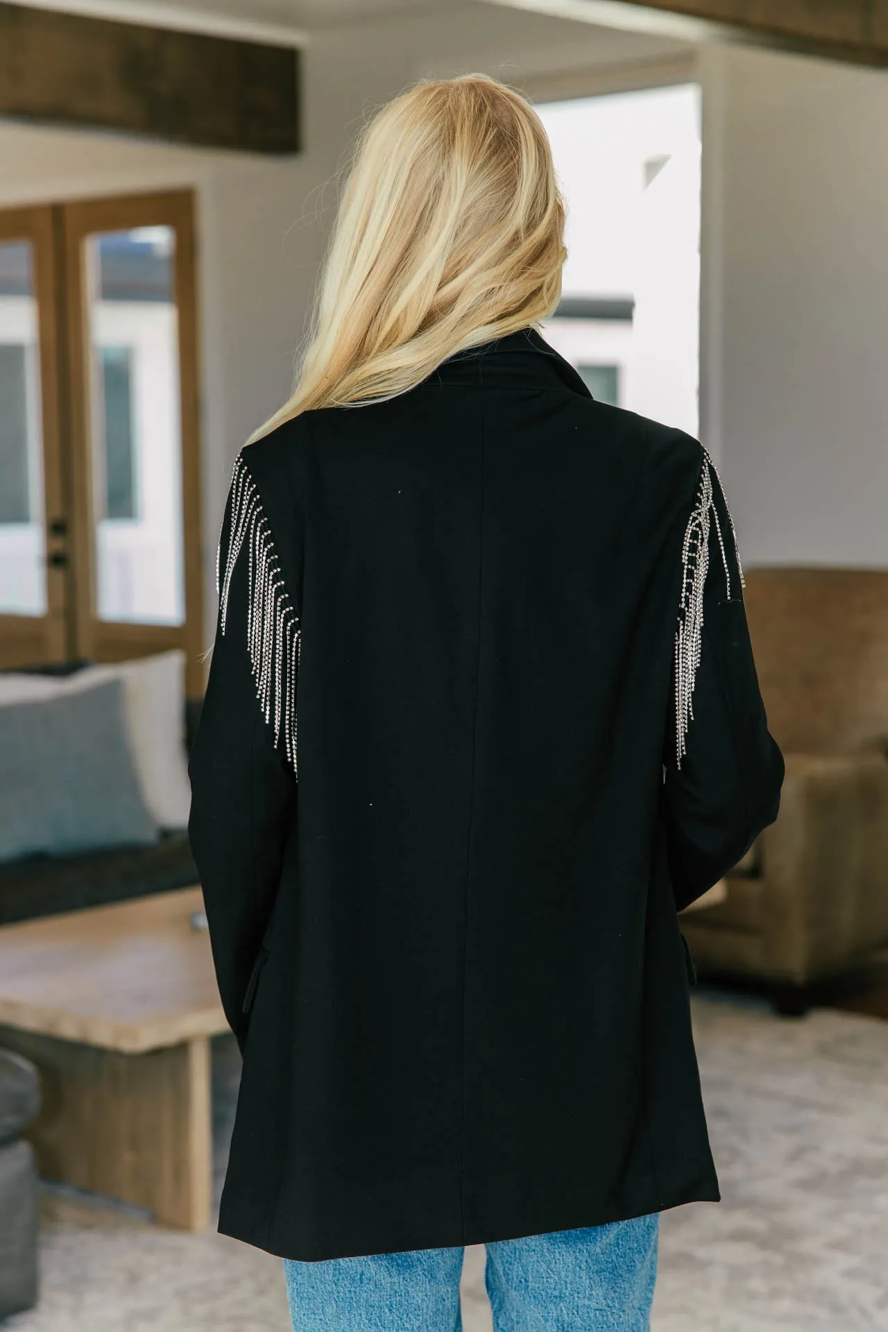 The Rhinestone Fringe Shoulder Black Blazer