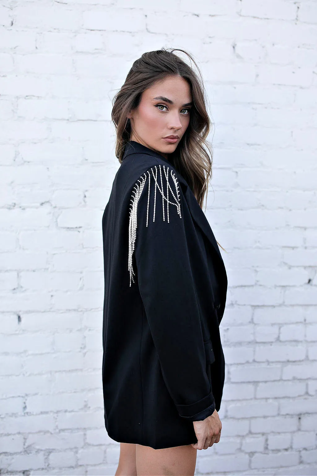 The Rhinestone Fringe Shoulder Black Blazer