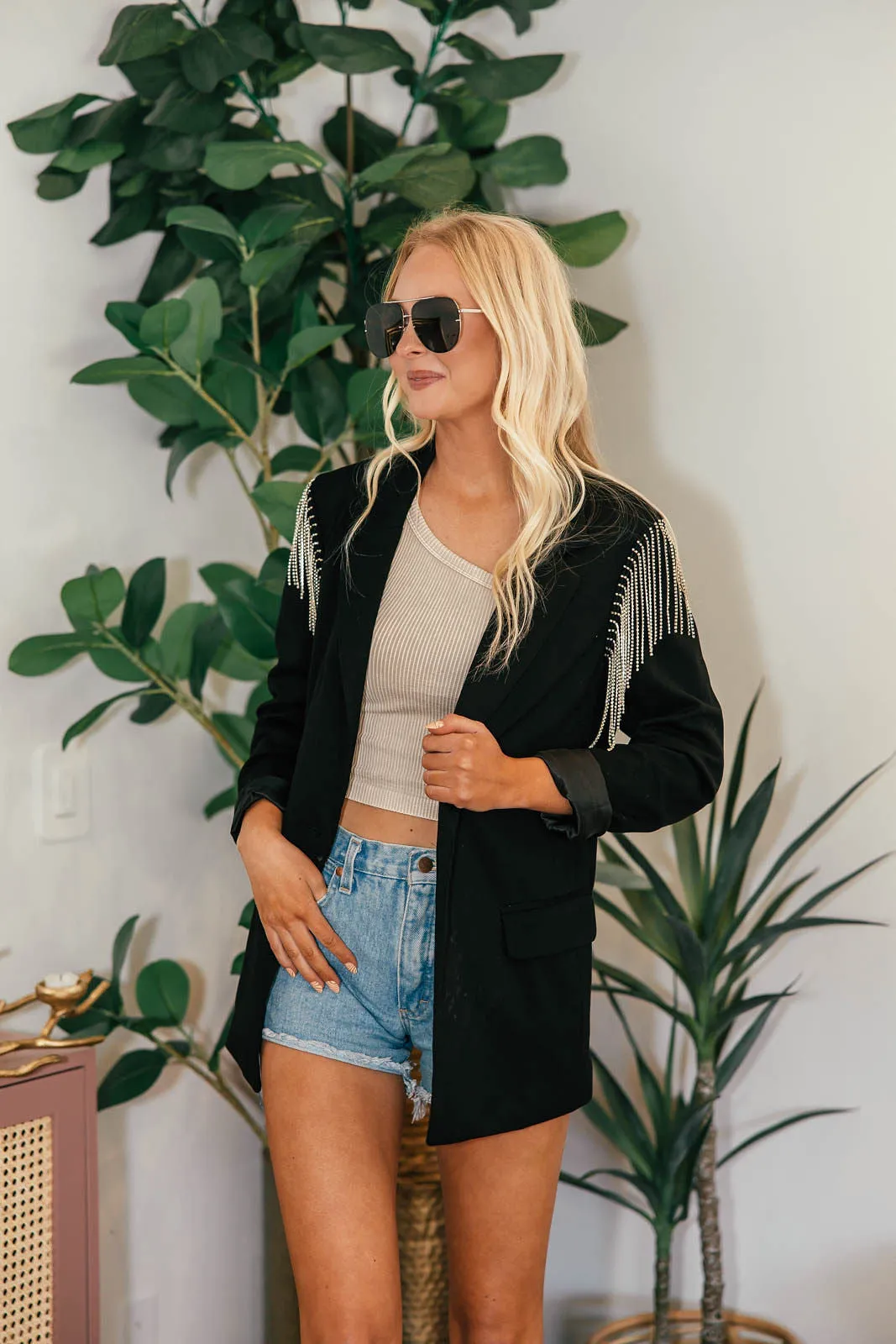 The Rhinestone Fringe Shoulder Black Blazer