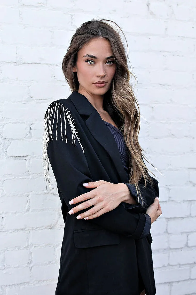 The Rhinestone Fringe Shoulder Black Blazer