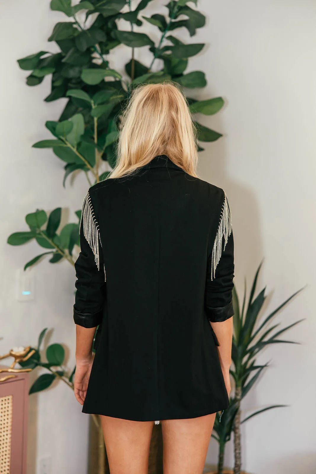 The Rhinestone Fringe Shoulder Black Blazer