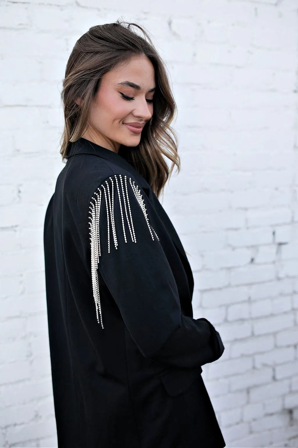 The Rhinestone Fringe Shoulder Black Blazer