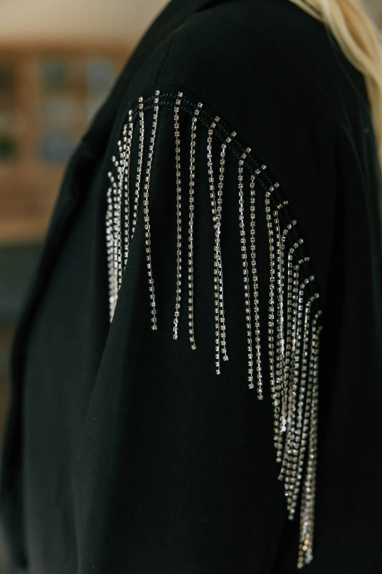 The Rhinestone Fringe Shoulder Black Blazer