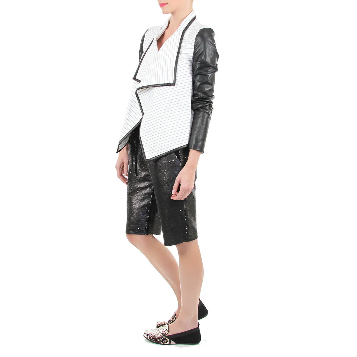 Tilla Jacket - Black and White Open Front Jacket with Leather Sleeves