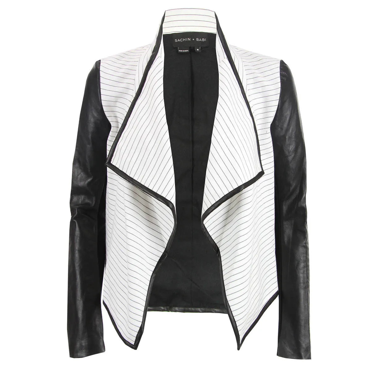 Tilla Jacket - Black and White Open Front Jacket with Leather Sleeves