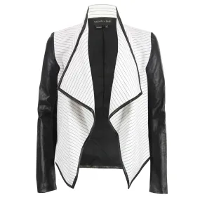 Tilla Jacket - Black and White Open Front Jacket with Leather Sleeves