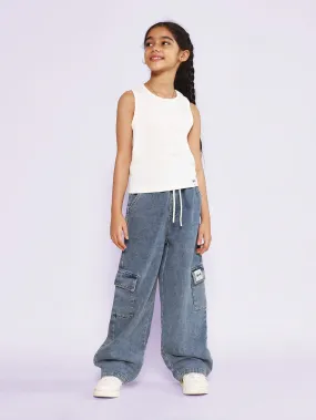 Tween Girls Sleeveless Tank Top And Straight Fit Washed Cargo Pant 2 Piece Set