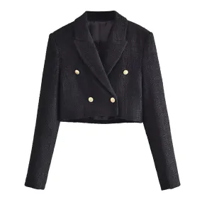 Wjczt Women Fashion Tweed Cropped Blazer Coat Vintage Long Sleeve Front Buttons Female Outerwear Chic Veste Femme