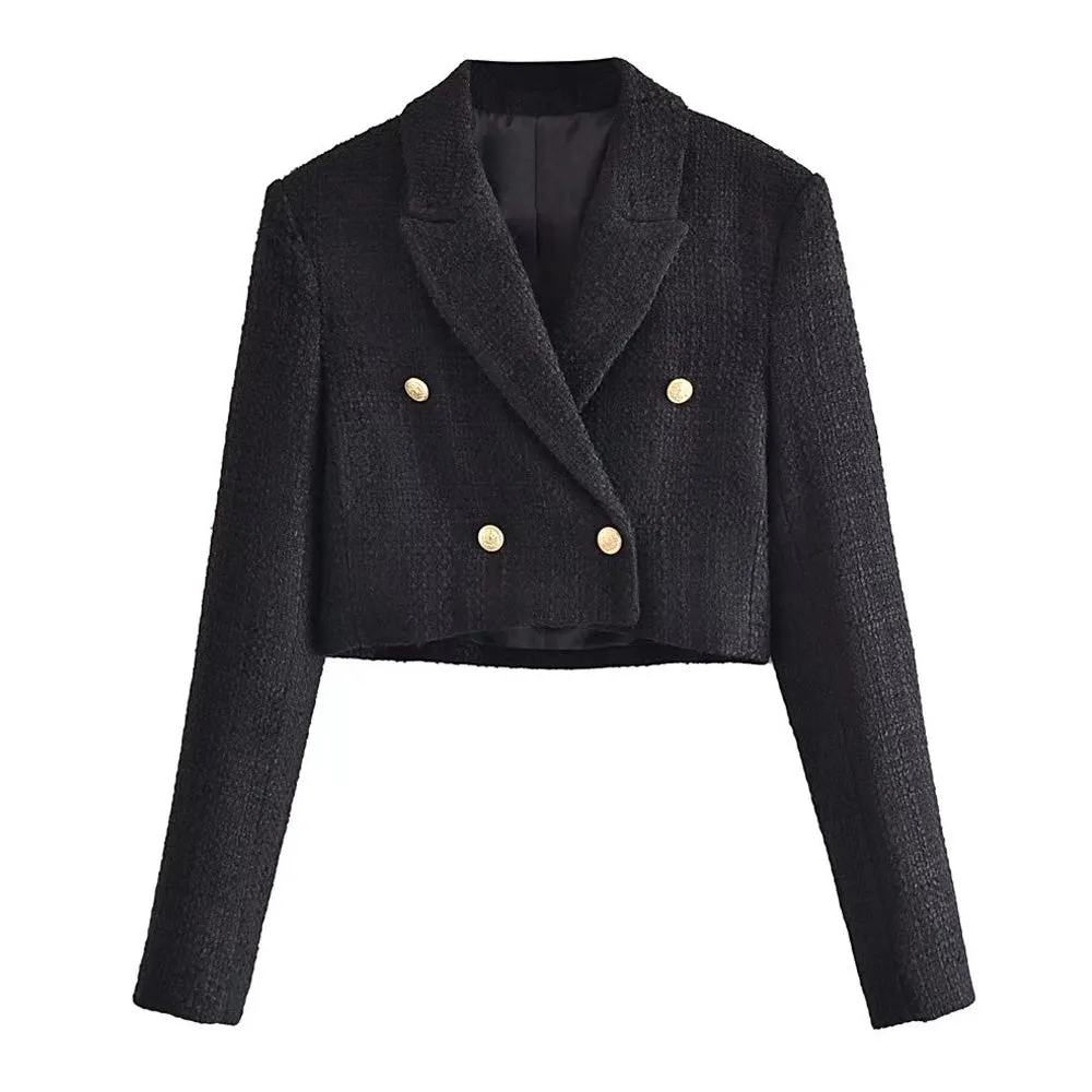 Wjczt Women Fashion Tweed Cropped Blazer Coat Vintage Long Sleeve Front Buttons Female Outerwear Chic Veste Femme