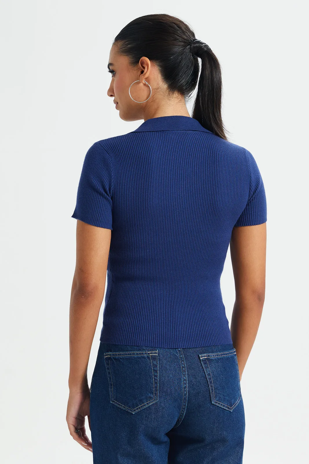 Women Blue Short-Sleeved Sweater Polo