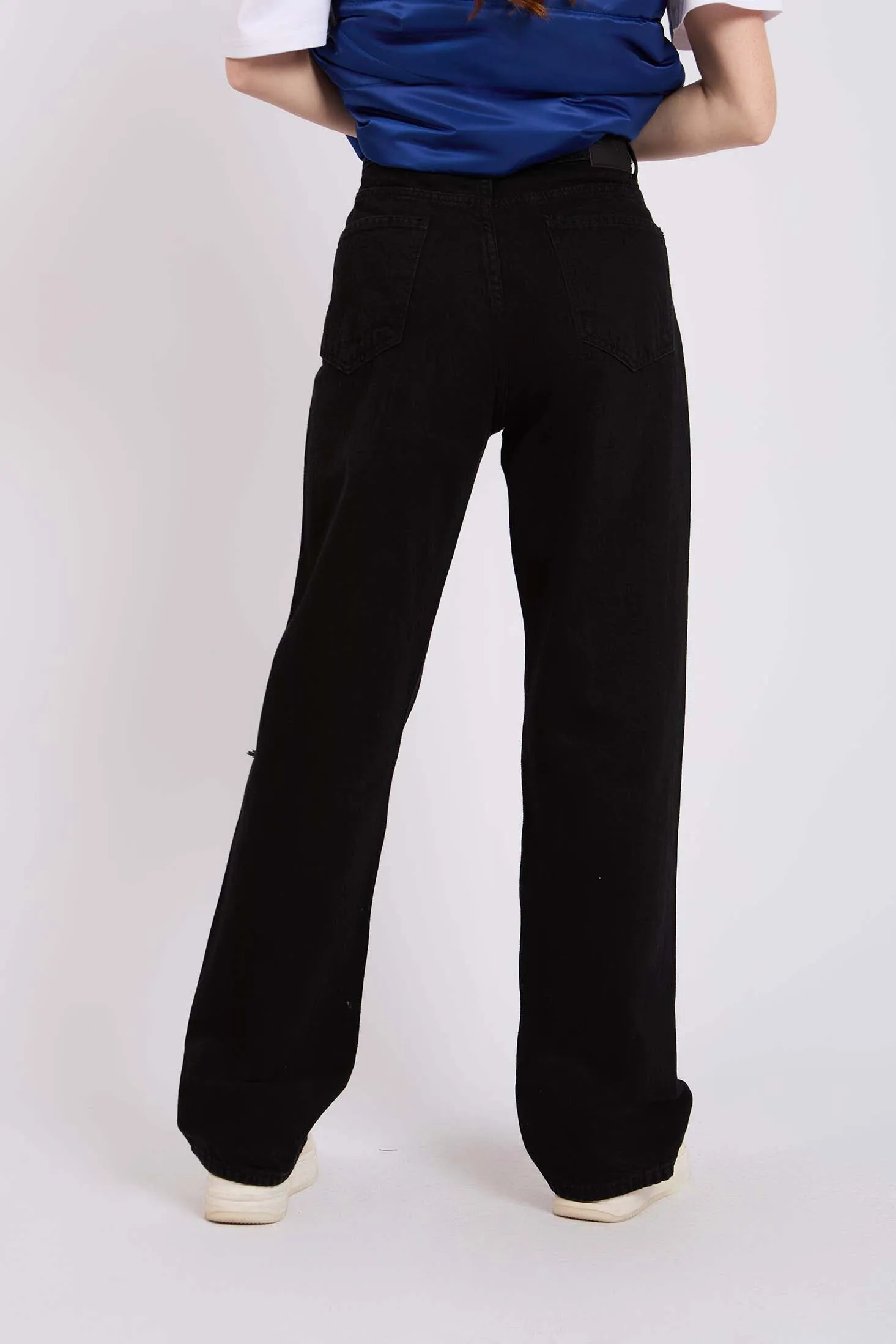 Women Destroyed Knee Wide Leg High Waist Denim Pant Black